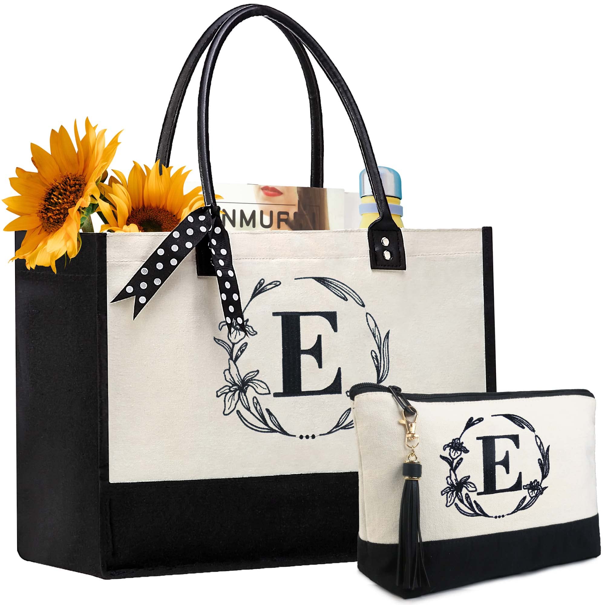 BeeGreen Personalized Gift for Women Initial Monogram Tote Bag for Mother Friends with Inner Zipper Pocket & Leather Handles Letter E