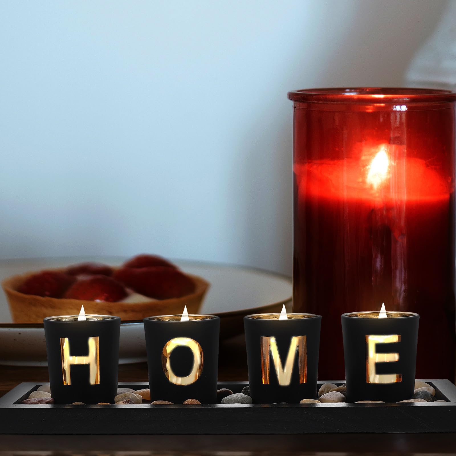 Portacandele in Vetro Nero Vassoio Decorativo in Legno, Design Semplice e Creativo, per Camera da Letto e Soggiorno