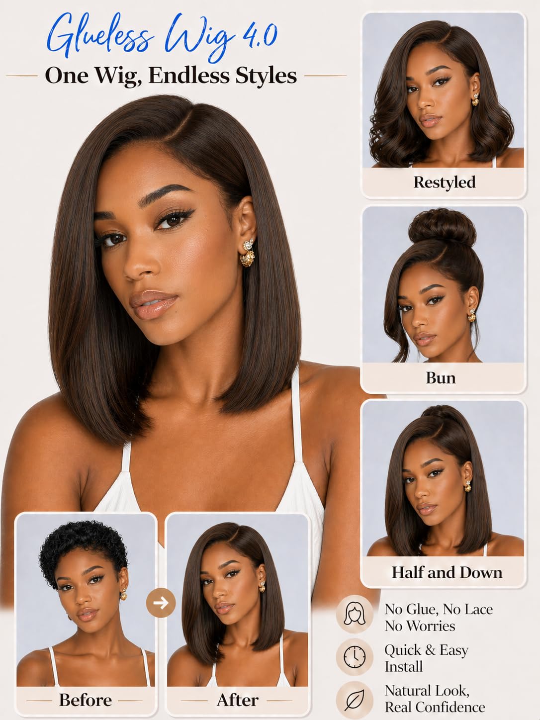 Nadula Dark Chocolate Brown Yaki Straight Bob Drawstring Wig Human Hair Side Part with No Slip Cap,Glueless 7x5 Bye Bye Knots Wig Pre Cut/Plucked/Bleached Ready to Go Yaki Bob Wig 150 Density 10inch