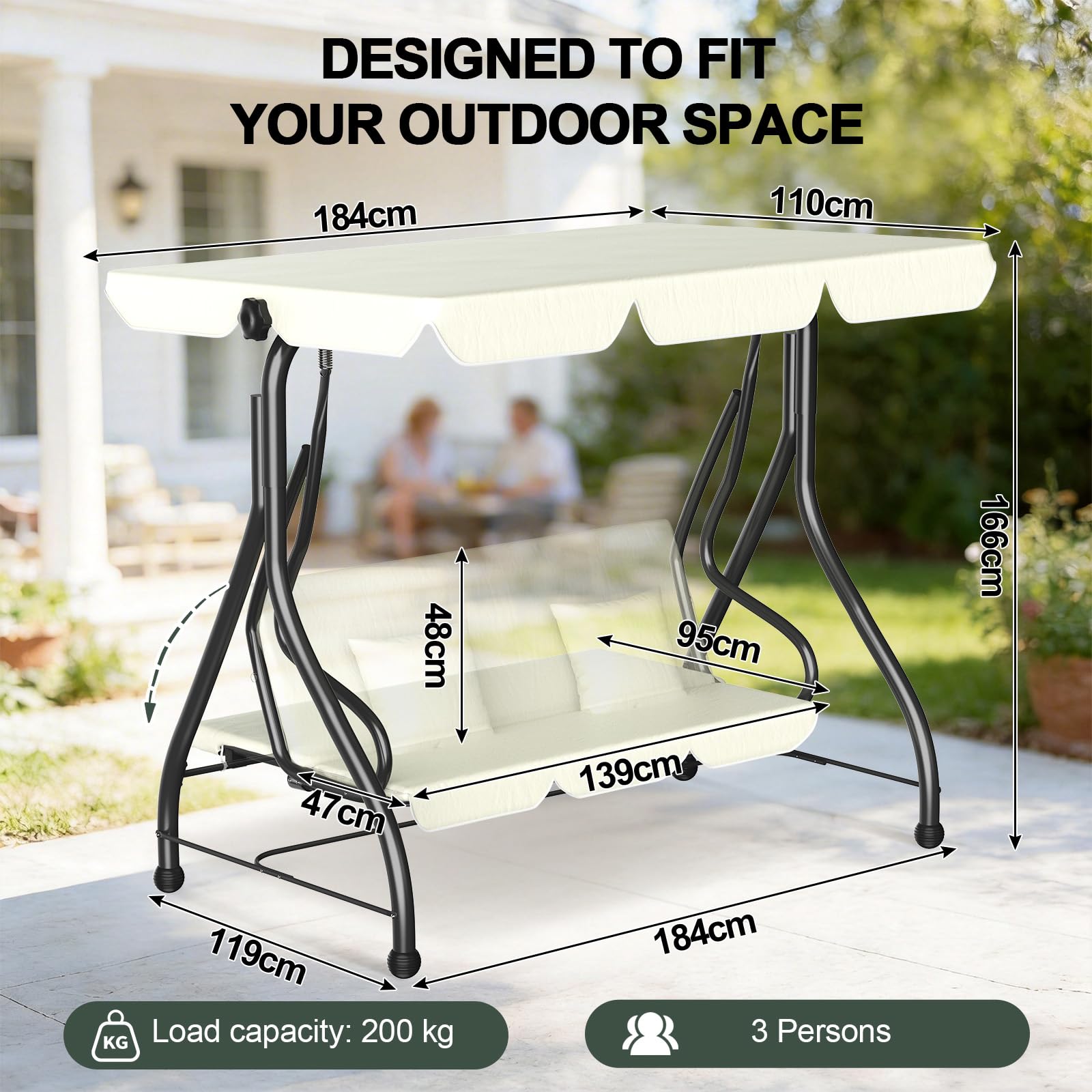 Huracan Balancelle de jardin 3 places, avec fonction allongée, coussin d'assise extra épais et auvent réglable, résistant aux intempéries, chaise longue de jardin, banc à bascule, fauteuil à bascule