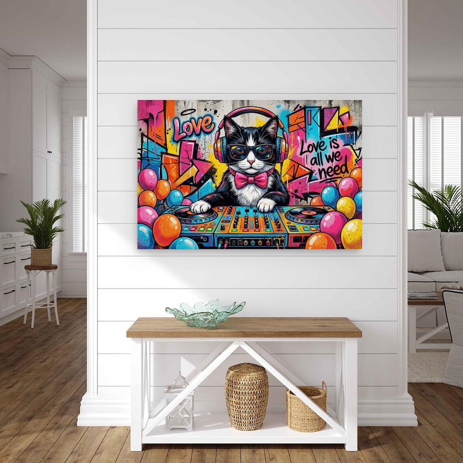 Stampa artistica da parete a tema musica pop art con gatto DJ, divertente opera d'arte per camera dei ragazzi, soggiorno, decorazione per la casa, 40 x 60 cm