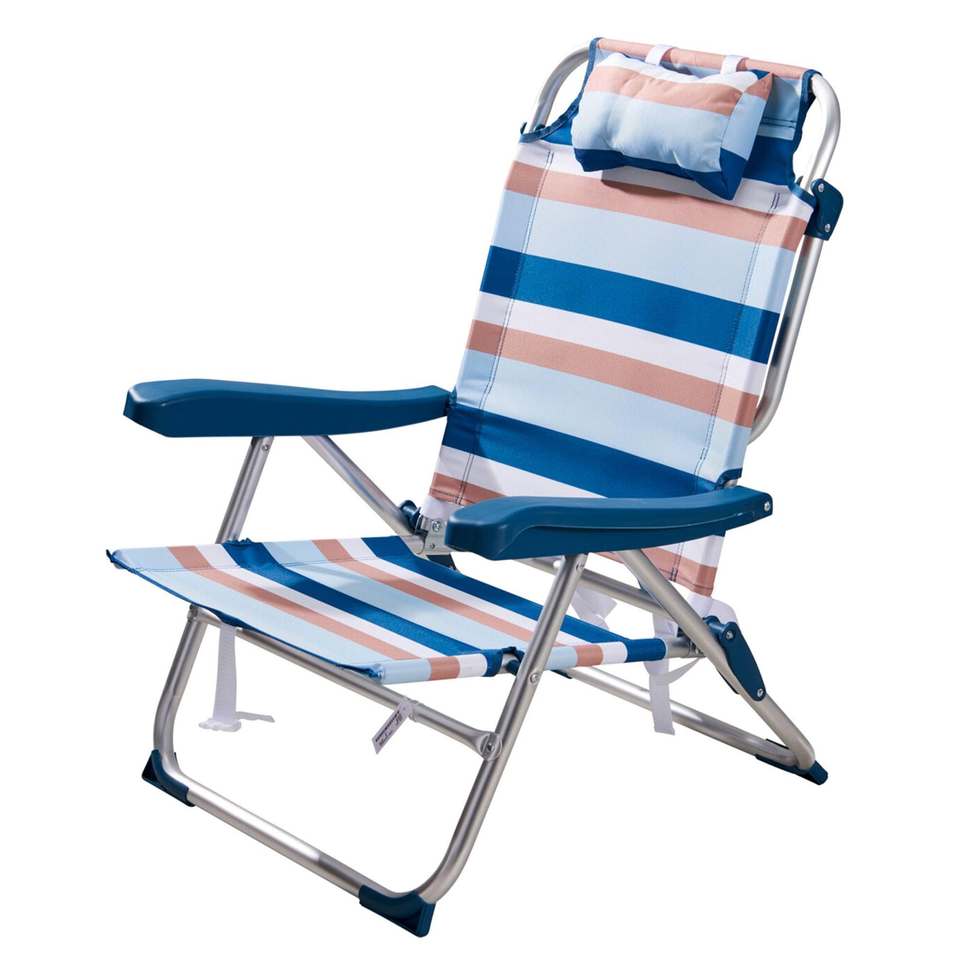 Well Home Silla Plegable de Camping/Playa reclinable con Almohada 64x63x32/82cm Aluminio anodizado, Rayas Azules, Tejido 600x300D hasta 110kg