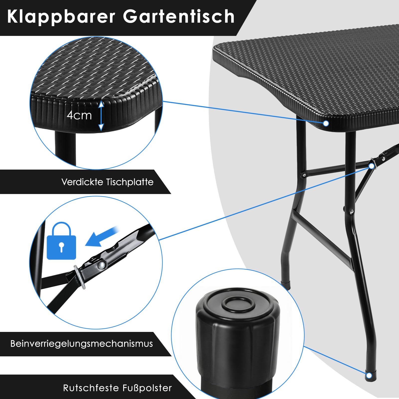 LIFERUN Tavolo da Giardino Pieghevole 180x75 cm,Tavolo da Buffet con Impugnatura di Trasporto,Tavolo Pieghevole in HDPE Plastica per 10 Persone,Ottica in Rattan,Tavolo da Campeggio Tavolo Feste