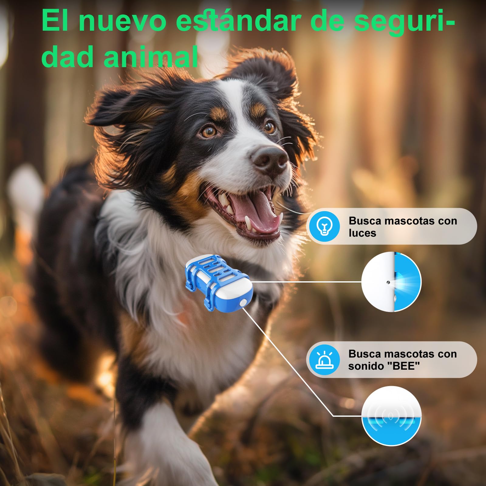 ES-GP30 GPS Perros – Localización en Tiempo Real en Todo el Mundo – Rastreador de Salud y Actividad – Alertas antifuga – Luces y Sonidos – Impermeable – Garantía de por Vida