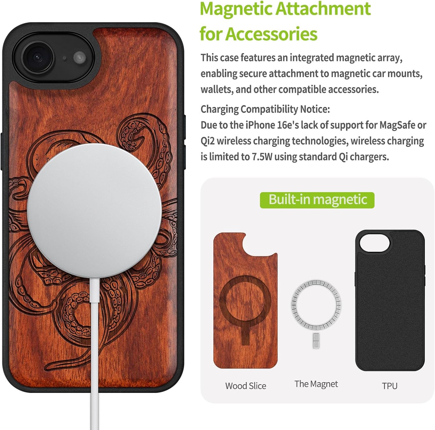 Carveit Magnetic Wooden Case for iPhone 16e / 17e, Solid Wood & Black TPU, Artisan Engraved Design, Shockproof Cover, Compatible with MagSafe Wireless Chargers, Octopus Drawing - Rosy