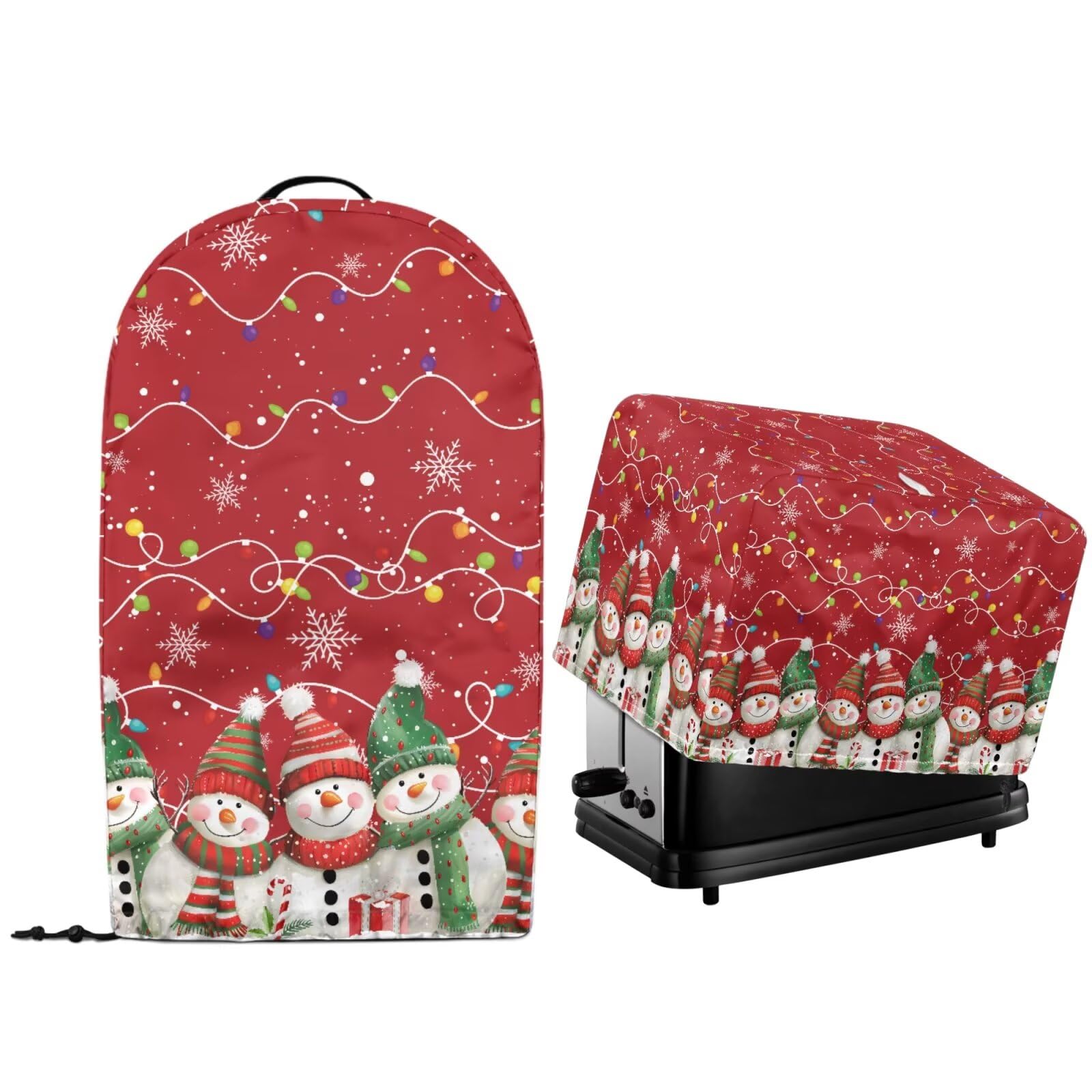 2 Pcs Kitchen Appliance Dust Cover with Drawstring Hem Stand Mixer Blender and Toaster Oven Bread Maker Machine Covers Christmas Snowman with Bulb Lights Print