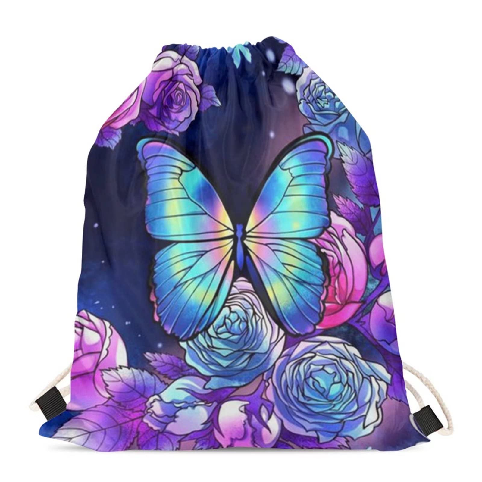 BYCHECAR Rose Butterfly Drawstring Bag for Women Swim Pouch Teen Girls Travel Clothes Draw String Backpack Kids School Bags Children PE Gym Cinch Sack