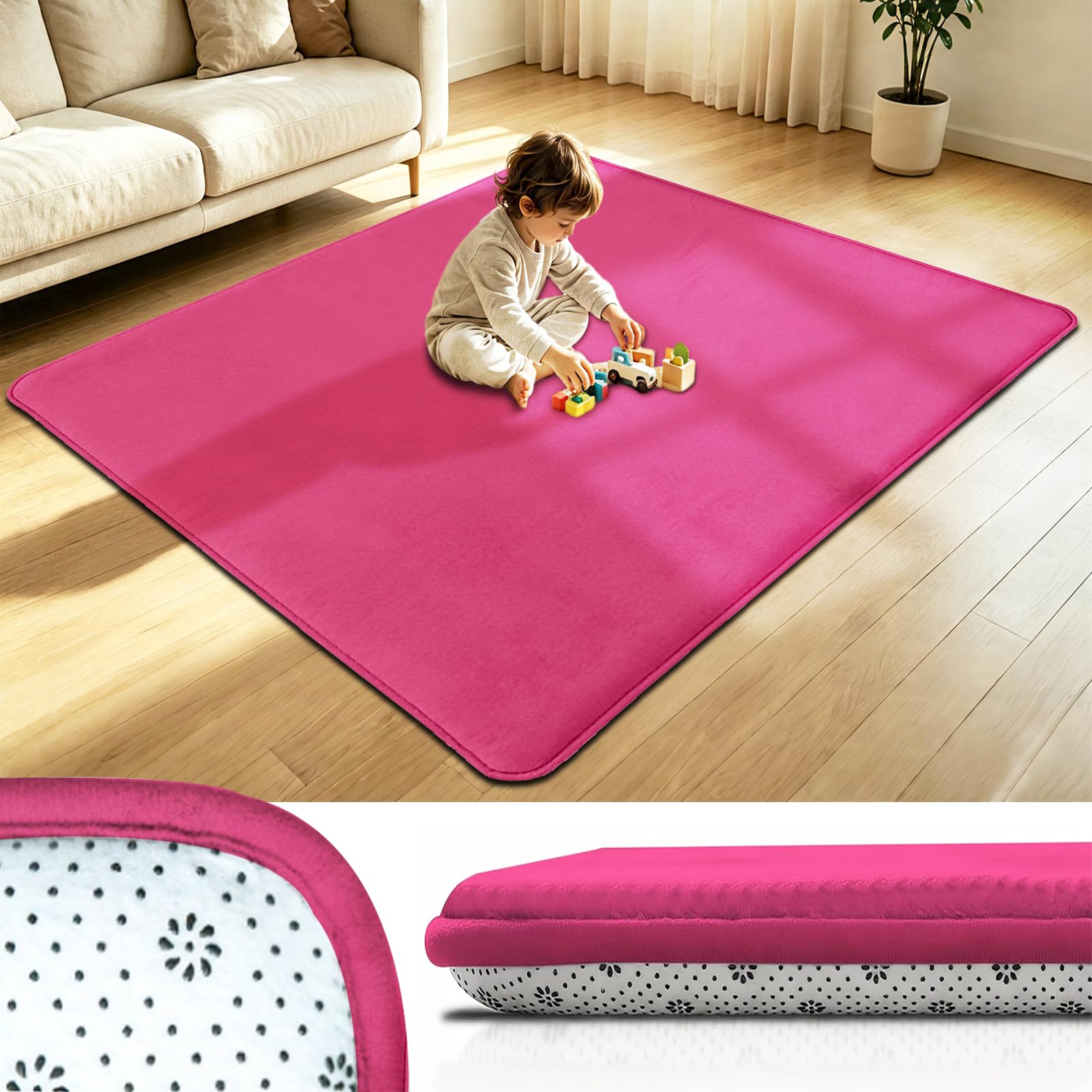 Taxestmy Baby Crawling Mat, Memory Foam Extra Thick Area Rug 3cm for Kids Living Room Non-Slip Soft Play Mat 120 x 120 cm Floor Toddler Nursery Carpet Baby Playroom Crawling Carpet Rose Red