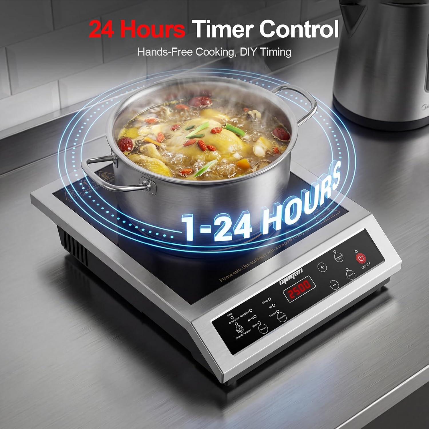 MOGAN Portable Induction Cooktop, 2500W Electric Induction Countertop Burner, Commercial-Grade, LD Heating Coil, 24-Hour Timer, Dual-Fan Cooling, Professional Hot Plate Stainless Steel Hot Plate