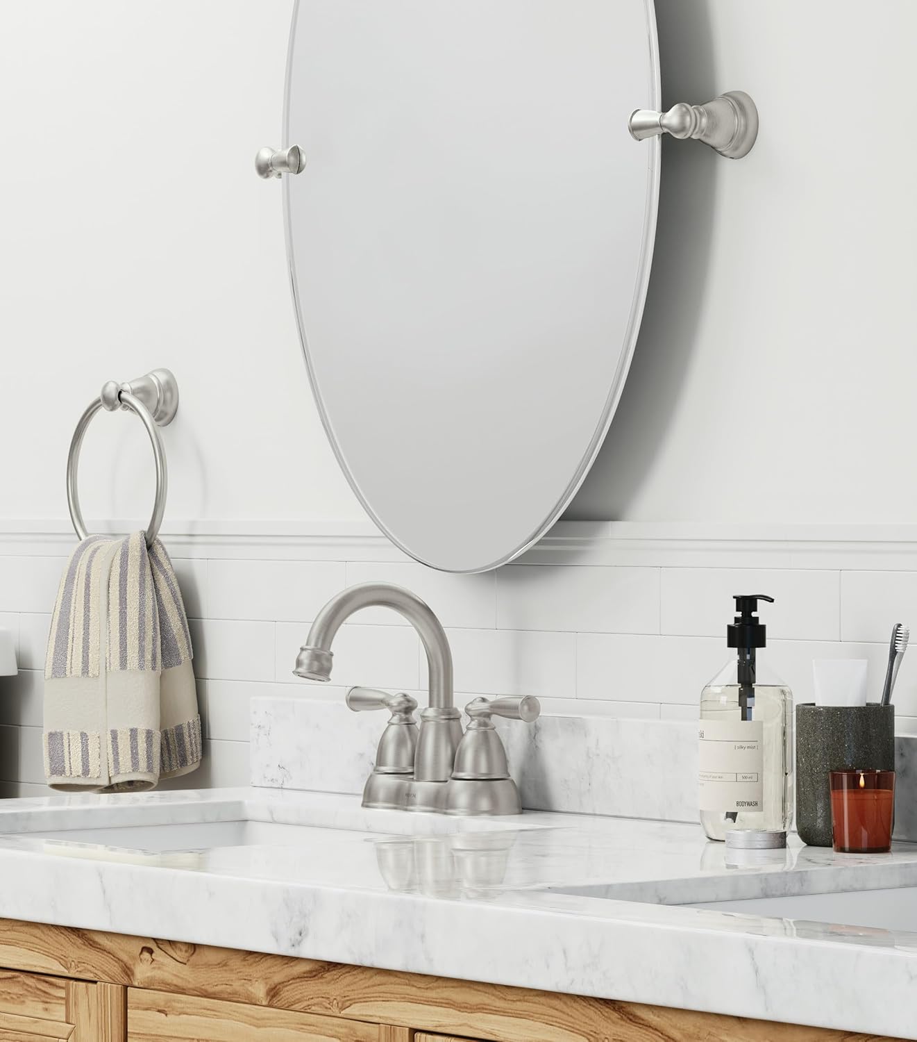 Moen Weylon 84790SRN Spot‑Resist™ Brushed Nickel Two‑Handle High‑Arc Bathroom Faucet – 4″ Centerset, ADA‑Compliant, WaterSense Certified