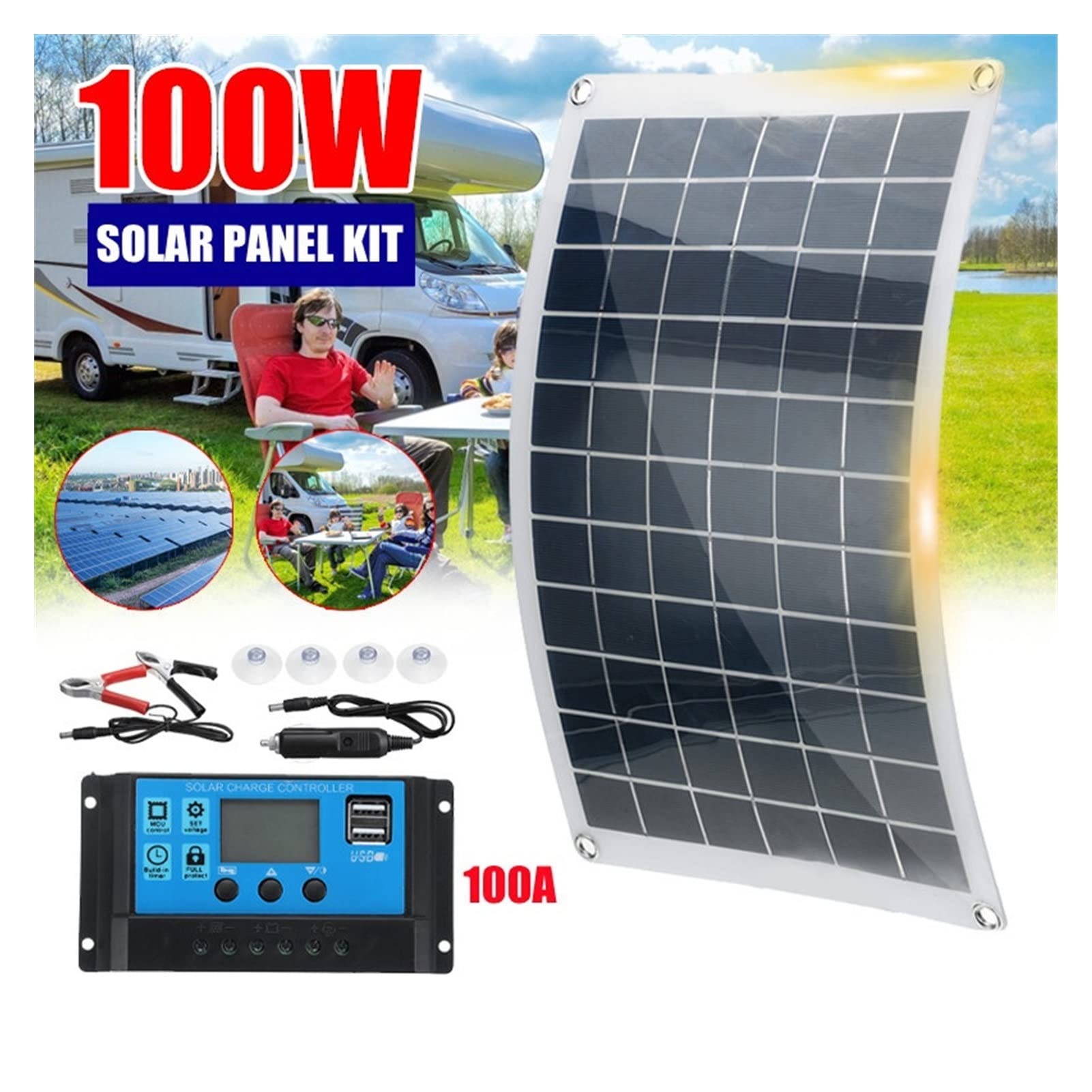 Zestaw panelu słonecznego 100W kompletny 1 2V USB Z kontrolerem 100A ogniw słonecznych do jachtu z kapitanem samochodu RV Ładowarka baterii telefonu Moblie(With 100A Controller)