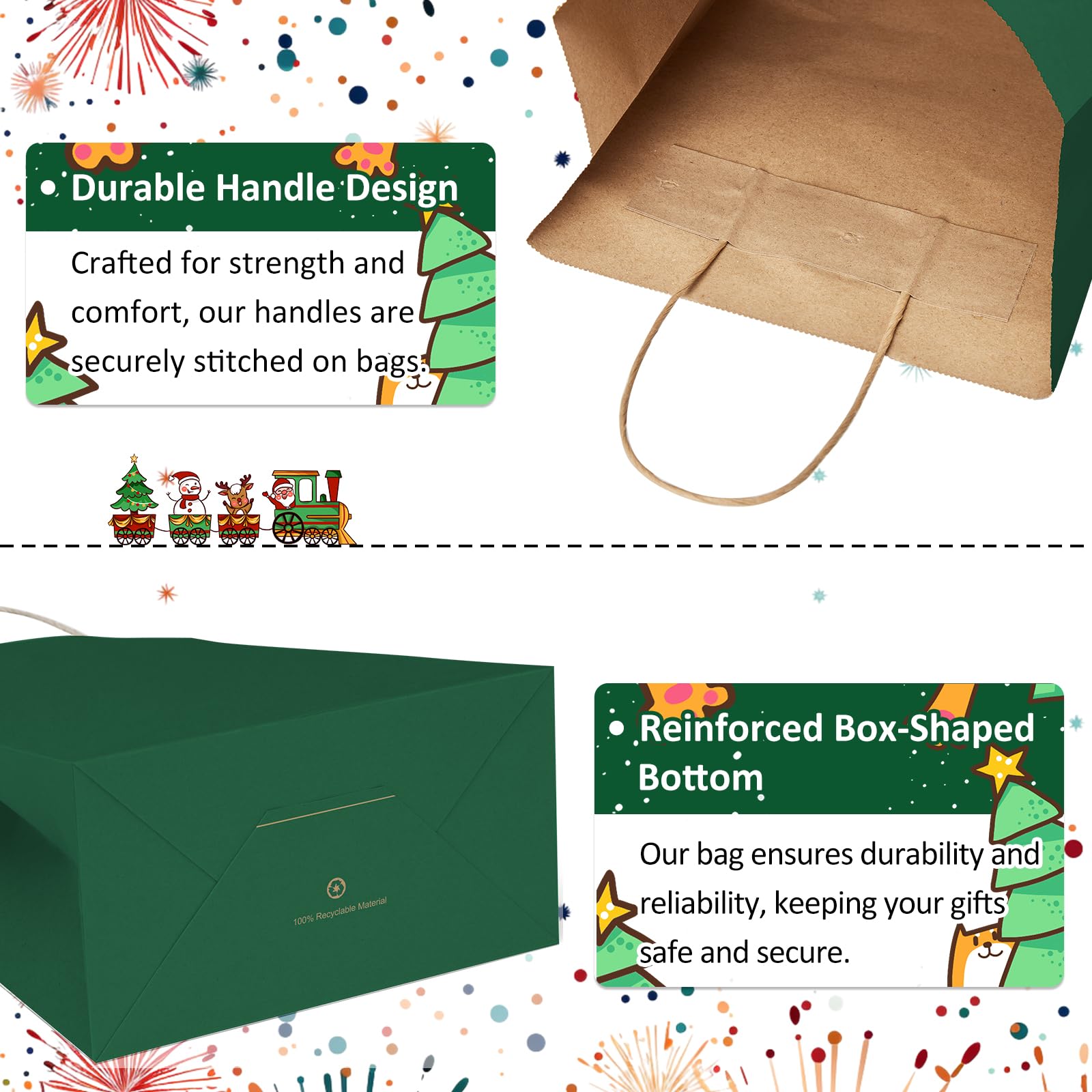 BagDream Forest Green Paper Bags with Handles Bulk 10x5x13 Inch 50Pcs Large Kraft Paper Gift Bags for Christmas, Thanksgiving, Outings, Craft, Retail, Grocery, Shopping, Recyclable