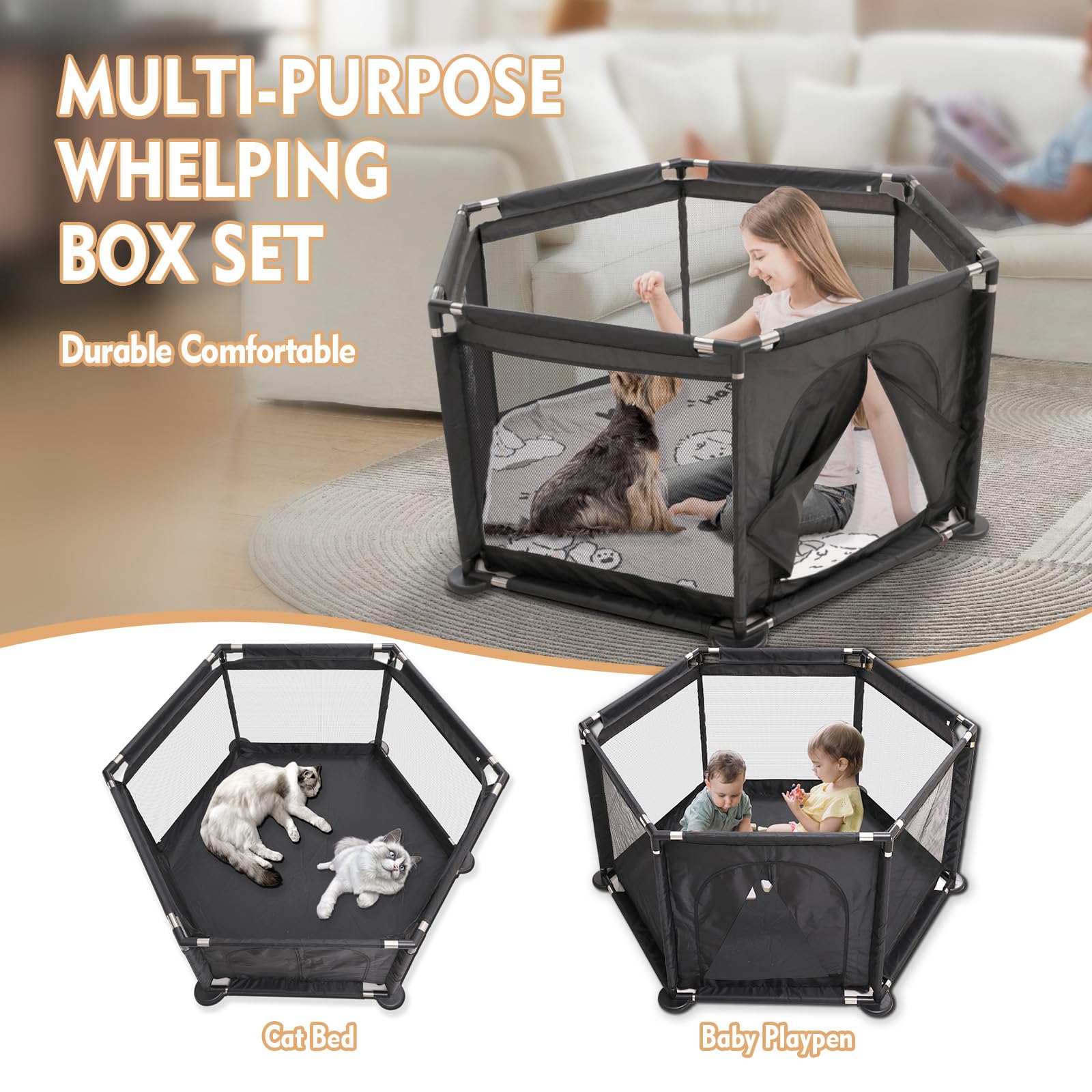 Caja hexagonal para partos extra altos + almohadilla de parto para perros grandes y pequeños, suministros esenciales para perros, cachorros, 122 x 65 cm, color negro