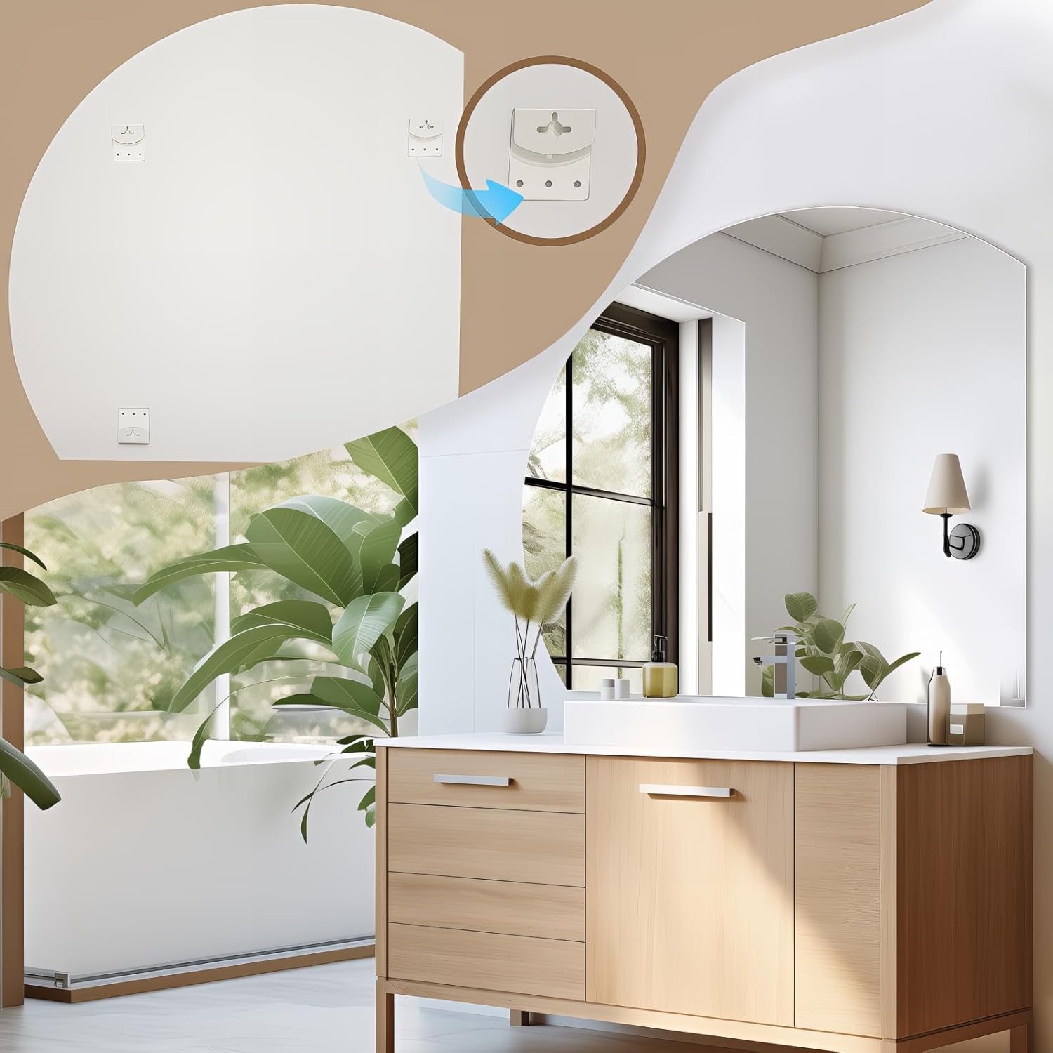 43" Half Moon Wall Mirror for Bathroom, Frameless Bathroom Mirror, Modern Vanity Mirror for Bedroom Living Room Entryway, Decorative, Shatterproof, Left/Right Cut