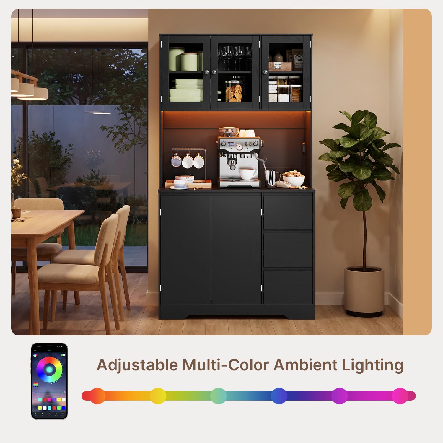 Xbro Armoire Cuisine, Buffet Haute avec Éclairage LED et Prise, Buffet avec 5 Portes, 3 Tiroirs et Portes en Verre,Meuble de Rangement avec Dispositif Anti-Basculement, 100 x 40 x 180 cm, Noir