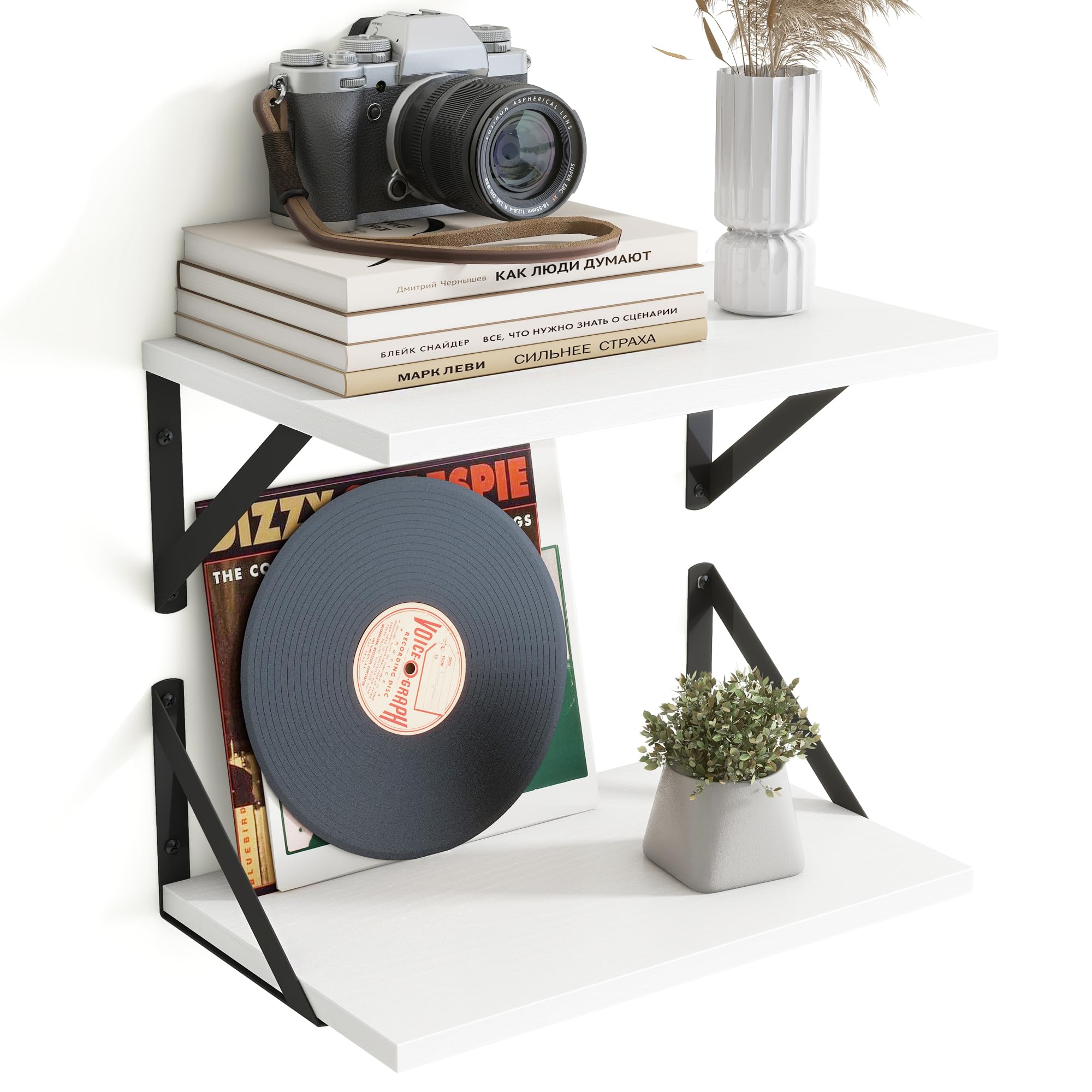 20cm Deep Floating Shelves for Wall,40cm Wood Wall Shelves Set of 2,Wide Floating Bookshelf with Sturdy Metal Brackets,Hanging Storage Floating Shelf for Living Room,Bedroom,Bathroom,Office,White