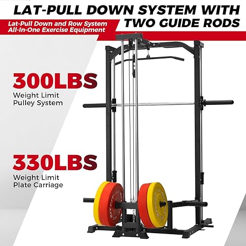 Vista 5 de RitFit Smith Machine Power Rack with LAT-Pull Down System, Landmine, Barbell Bar, Plate Storage Pegs and More Training Attachment