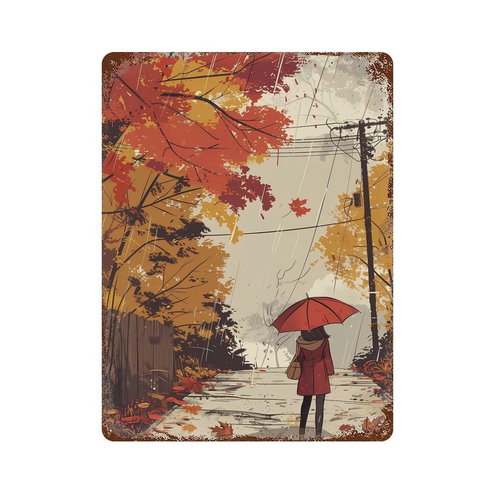 Weathered Tin Sign with Rainy Autumn Walk Design 15.7"x11.8", for Garage, Bar And Workshop Decor, Decorative Metal Wall Art