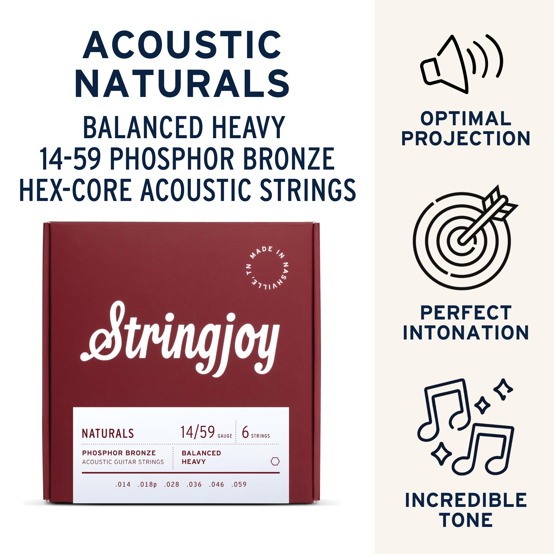 Stringjoy - Corde per chitarra acustica in bronzo fosforoso naturale di grosso calibro e bilanciate 14-59, NB1459, tono chiaro e brillante di lunga durata, set da 6 corde, confezione da 2