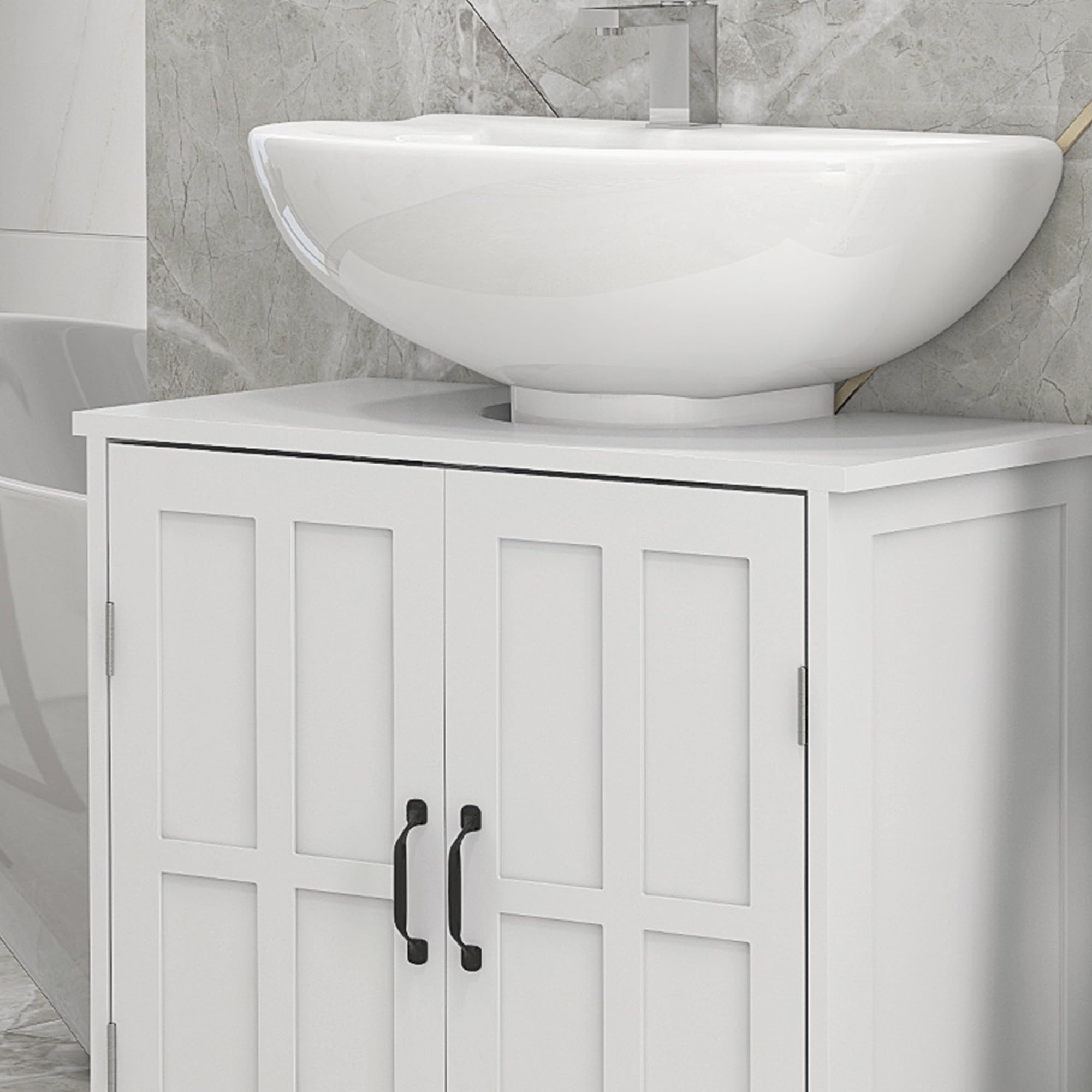 kleankin Mueble para Debajo del Lavabo, Mueble Baño 60x30x60 cm Blanco | Armario Bajo del Lavabo, Estante Ajustable, Puerta Doble, Carga 20 kg