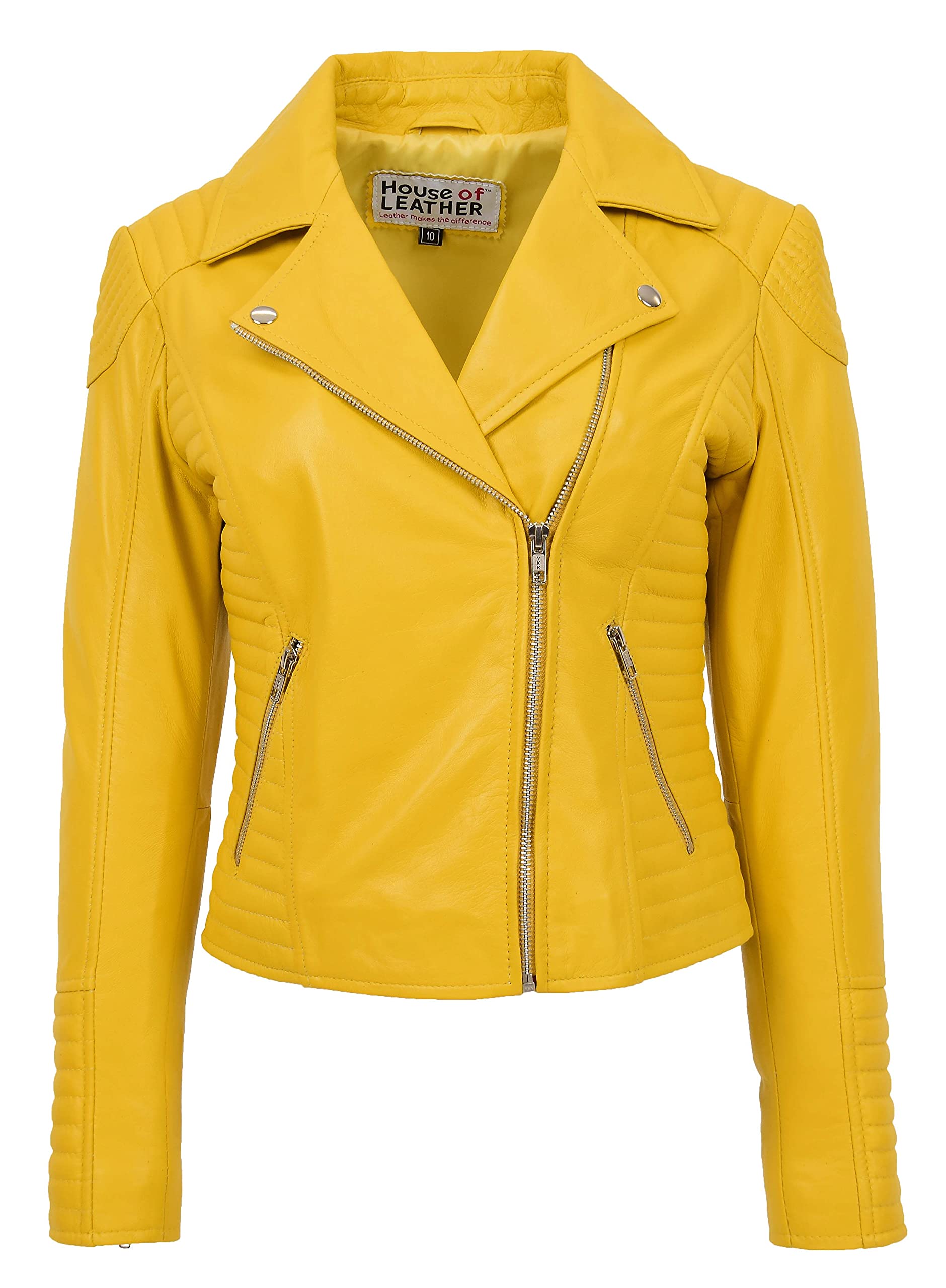 Womens Real Leather Biker Jacket Cross Zip Slim Fit Style Anna (16, Yellow)