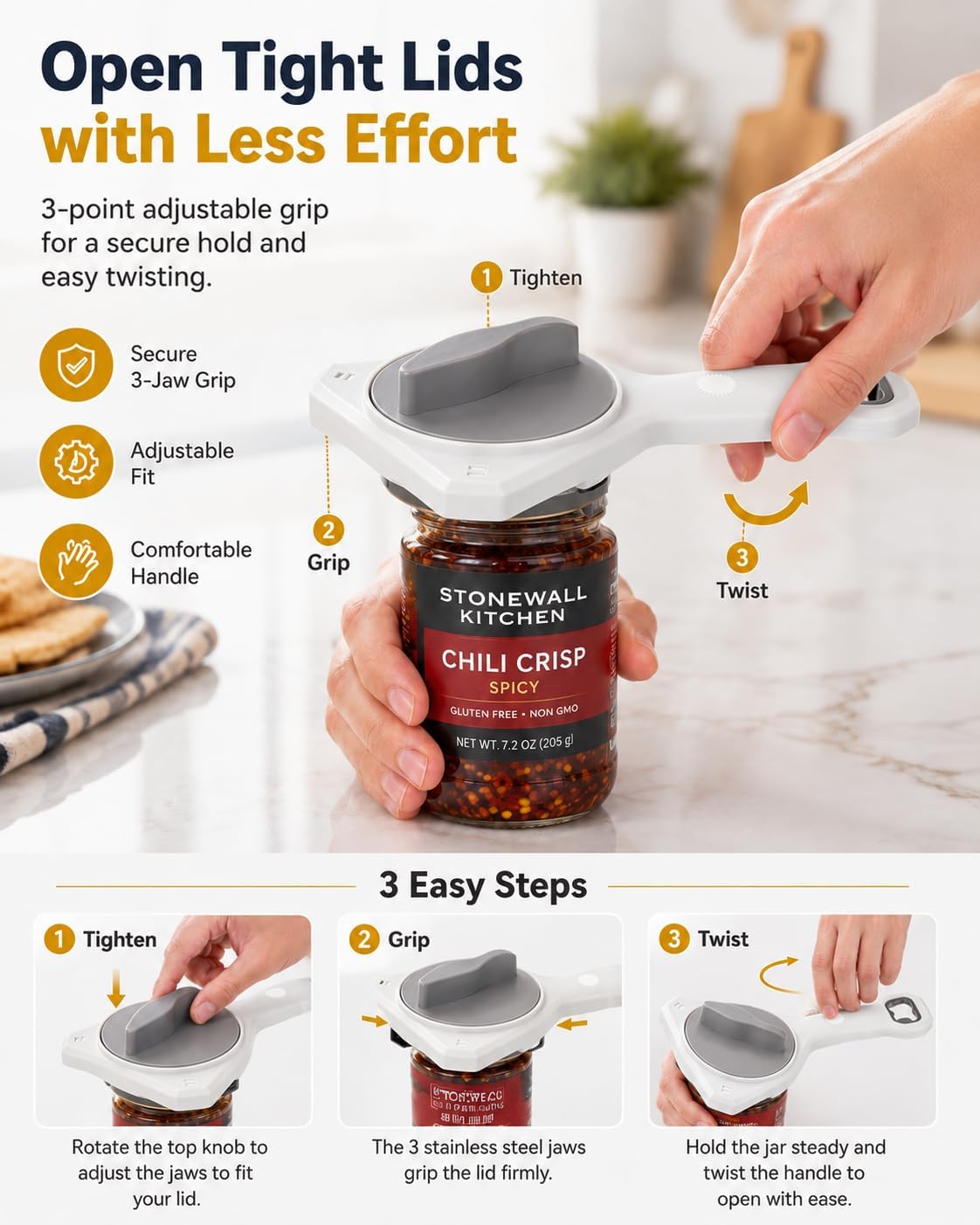 Jar Opener for Weak Hands & Seniors, 3-Piece Easy-Open Kitchen Kit