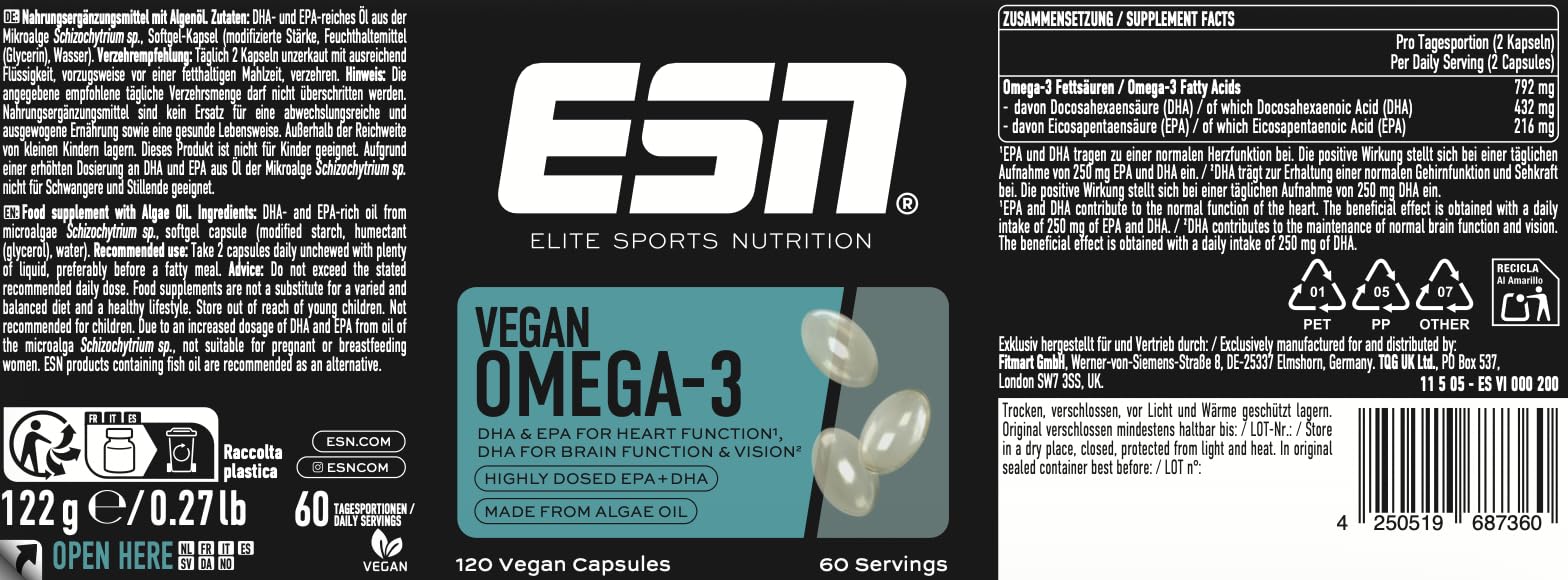 ESN Omega-3 Vegan, 120 Vegane Kapseln, Hochdosiertes Algenöl, 216 mg EPA & 432 mg DHA pro Portion