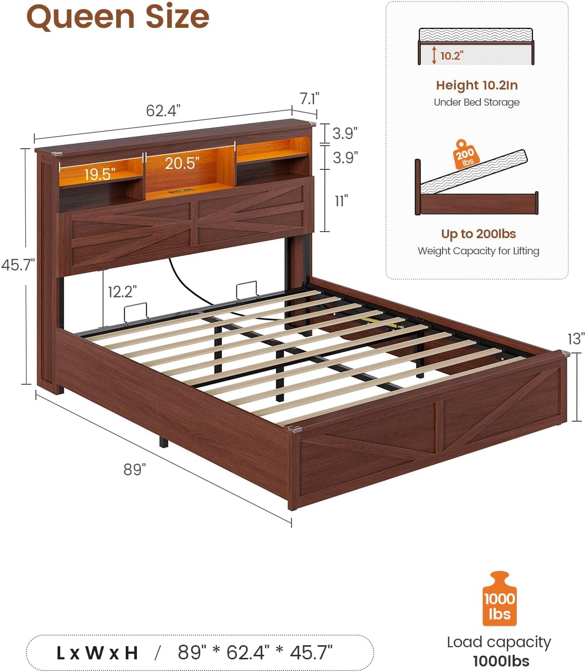 AOGLLATI Farmhouse Bed Frame Queen Size with Lift Up Storage & Hidden Bookcase Storage Headboard, Wooden Queen Bed Frame with Charging Station, Led Lights, No Box Spring Needed, Brown