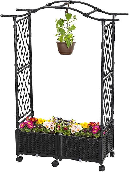 lalahoni Planter with Trellis, 4.6ft Trellis Planter Self-Watering Box with Wheels Outdoor Plants Tomato Flower Vegetable Herb Garden Patio Balcony Indoor, Plastic Raised Bed Trellis Drainage Hole