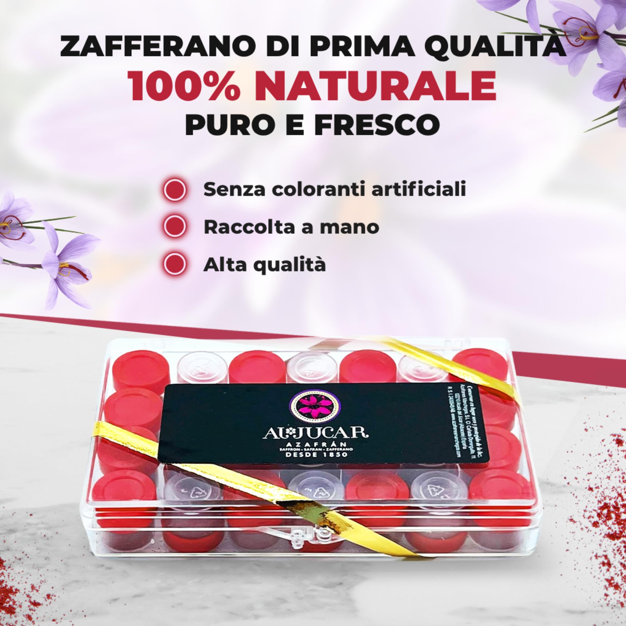 Zafferano Macinato selezionato - Spezia naturale per paellas - Zafferano spagnolo senza coloranti artificiali - Zafferano puro in capsule - Scatola di zafferano in polvere con 28 monodosi da 0,250 g