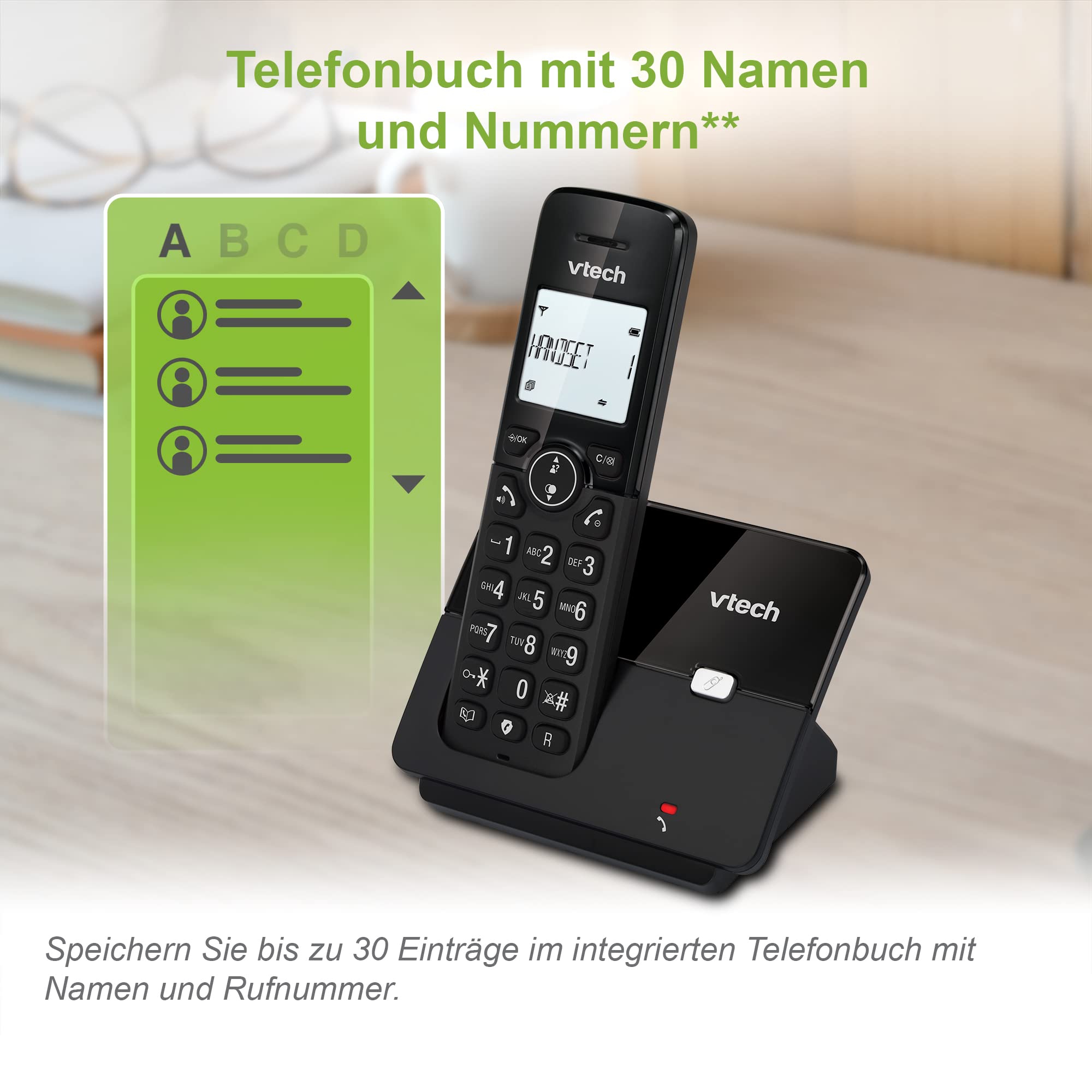 VTech CS2000 schnurloses Telefon, ECO+ Modus, Festnetztelefon, schwarz, Anrufsperre, Freisprechfunktion, große Tasten, Zwei Zeilen Display