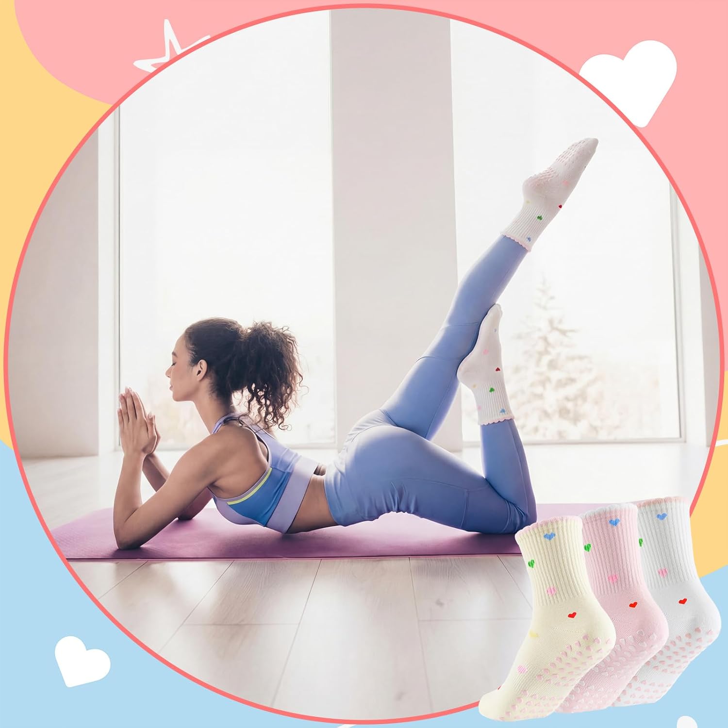 3 Pairs Cute Pilates Socks with Grips for Women, Non Slip Ruffle Heart Printed Yoga Socks for Barre Ballet Barefoot Workout Hospital - Image 6