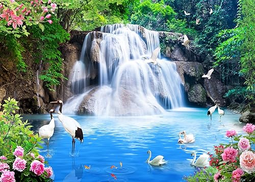 BELECO Telón de fondo de tela de 7 x 5 pies con lago azul y cascada para fotografía, bosque de montaña, paisaje de grandes cataratas, grúa de agua