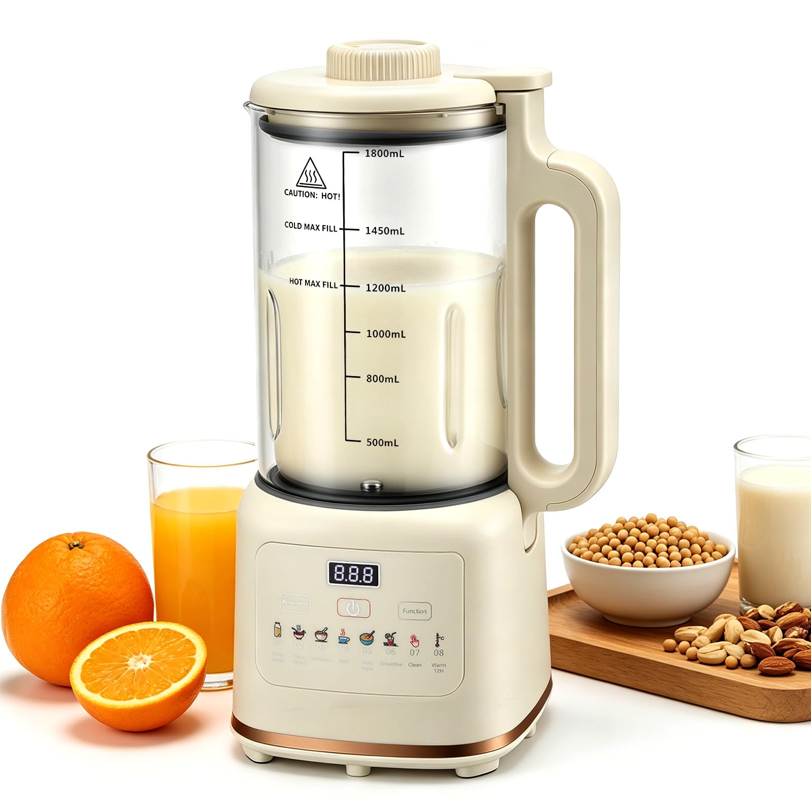 Macchina per il latte vegetale 10 in 1 1800 ml, macchina per il latte di soia con 48 lame titanio, timer 12H, mantenimento caldo, autopulizia, 800 W per latte vegetale casa mandorla, noce, avena