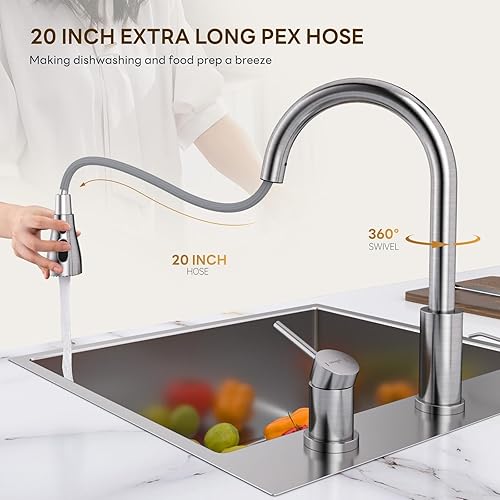 Miniatura 2 de APPASO Grifo de cocina de 2 agujeros, grifo de cocina de acero inoxidable con rociador extraíble, 3 modos, níquel cepillado de arco alto, moderno