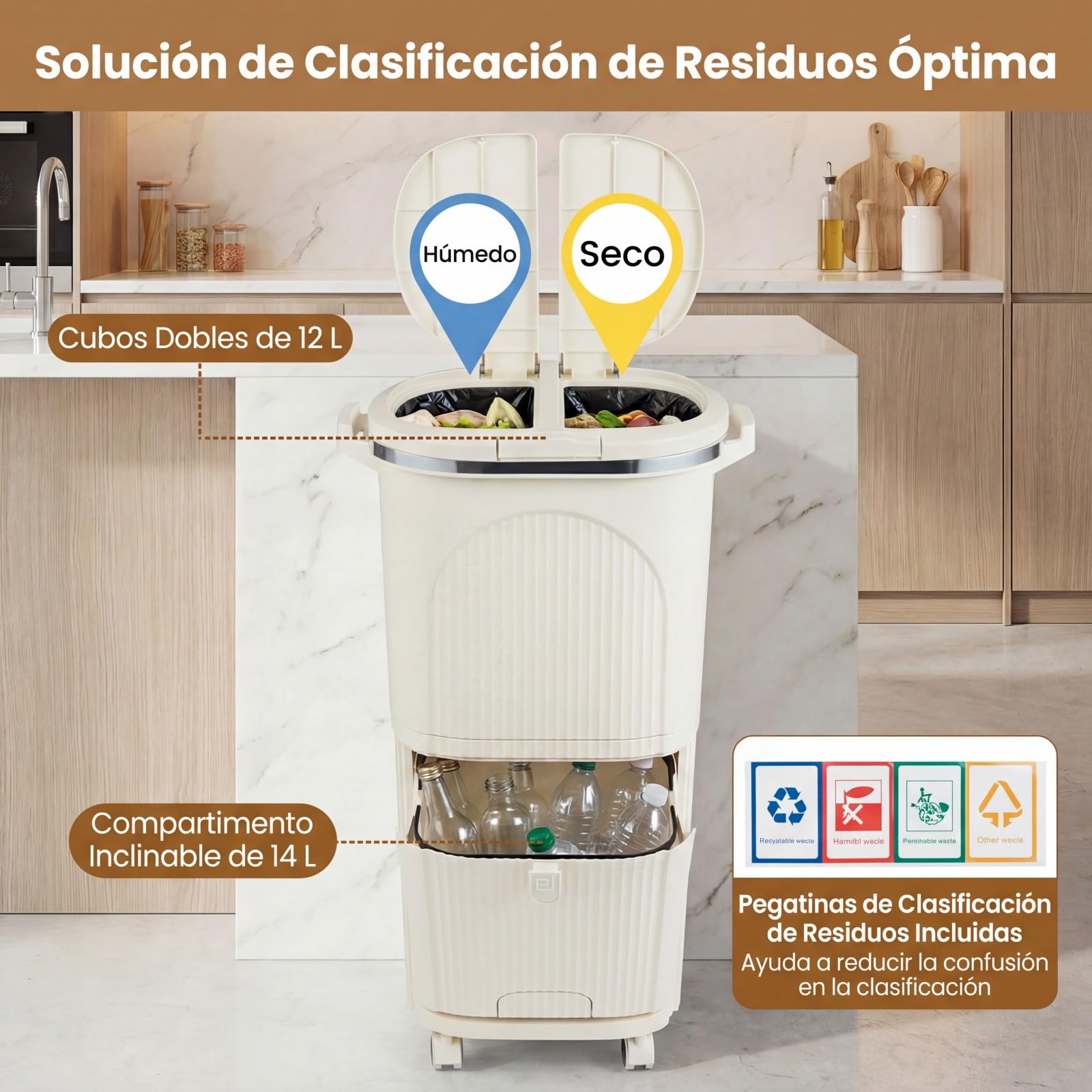 Giantex Bidone per Spazzatura Interno 38 L, Pattumiera da Cucina Differenziata a 3 Scomparti con Ruote e Maniglie, Secchio dei Rifiuti in PP on Coperchi a Pressione e Pedale (Beige)