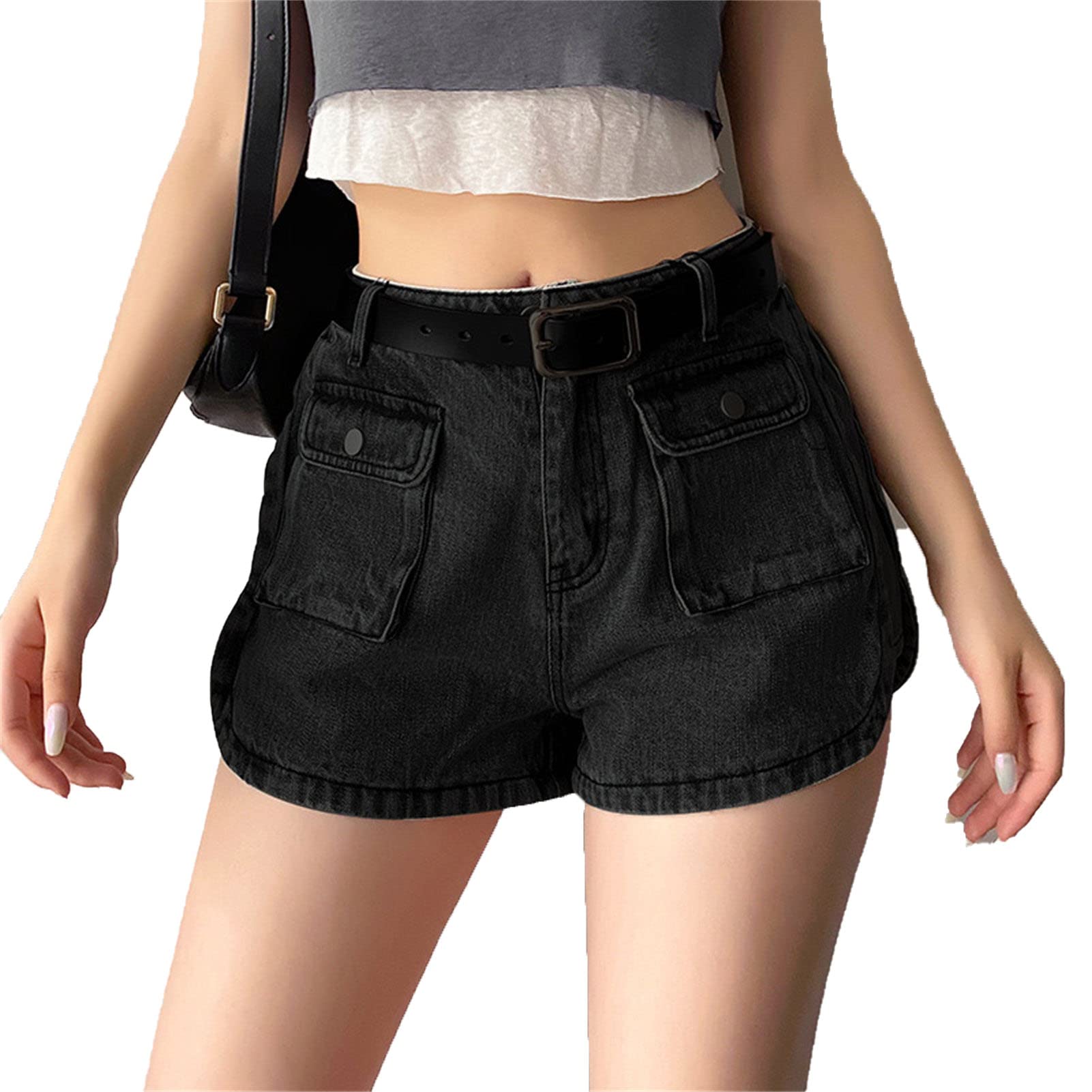 Womens Stretchy Denim Shorts High Waist Straight Leg Jean Shorts Summer Hot Pants with Pockets (Medium,Black)