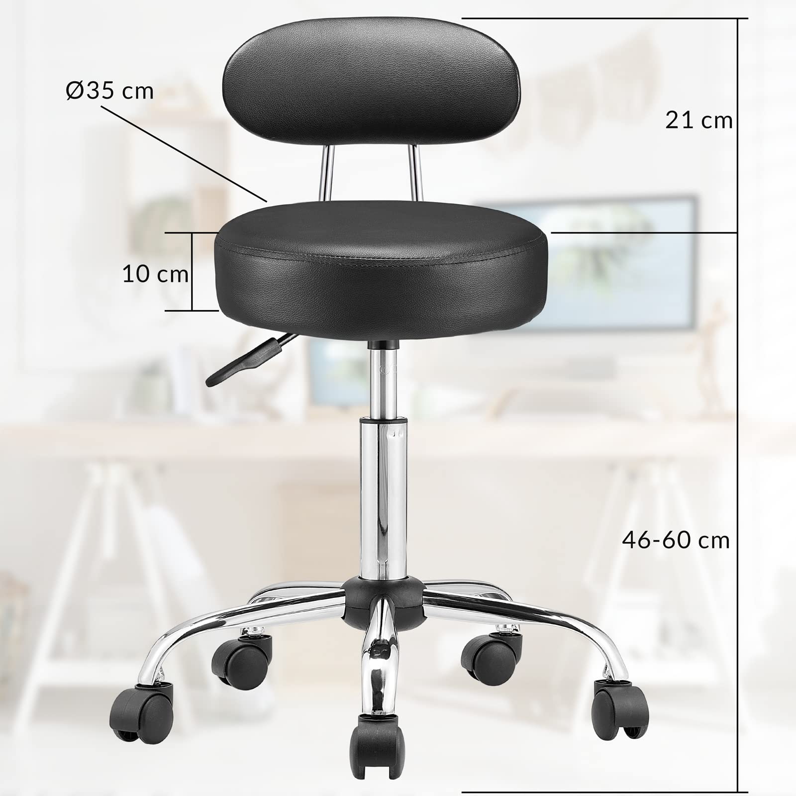 Casaria® Rollhocker mit Lehne Höhenverstellbar 10cm Polsterung 360°C Drehbar 46-60cm Sitzhöhe Küche Bürohocker Drehhocker Arbeitshocker Hocker Schwarz