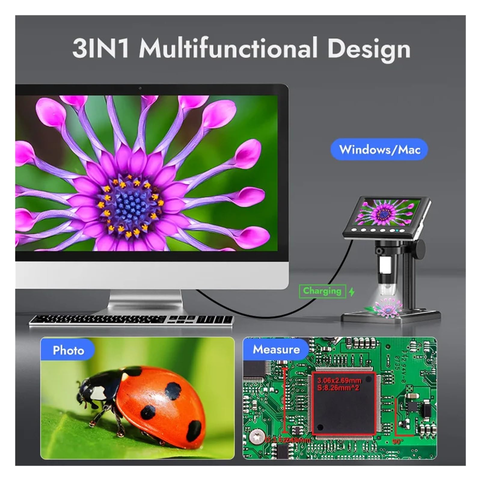 Digital Microscope 1000X Coin Microscope 1080P Video Microscope for Adult Soldering With 8 LEDs(DM7-Z01C)
