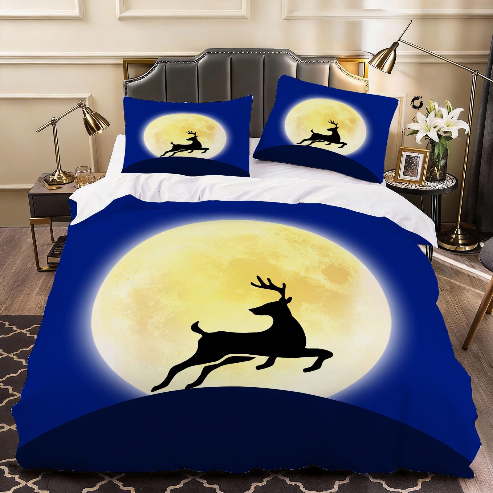 3D Deer Duvet Cover Moon Bedding Super King Bed Set, Soft Microfiber Comforter Cover Printed with Zipper Closure Quilt Coverr 260x220 cm and 2 Pillowcases
