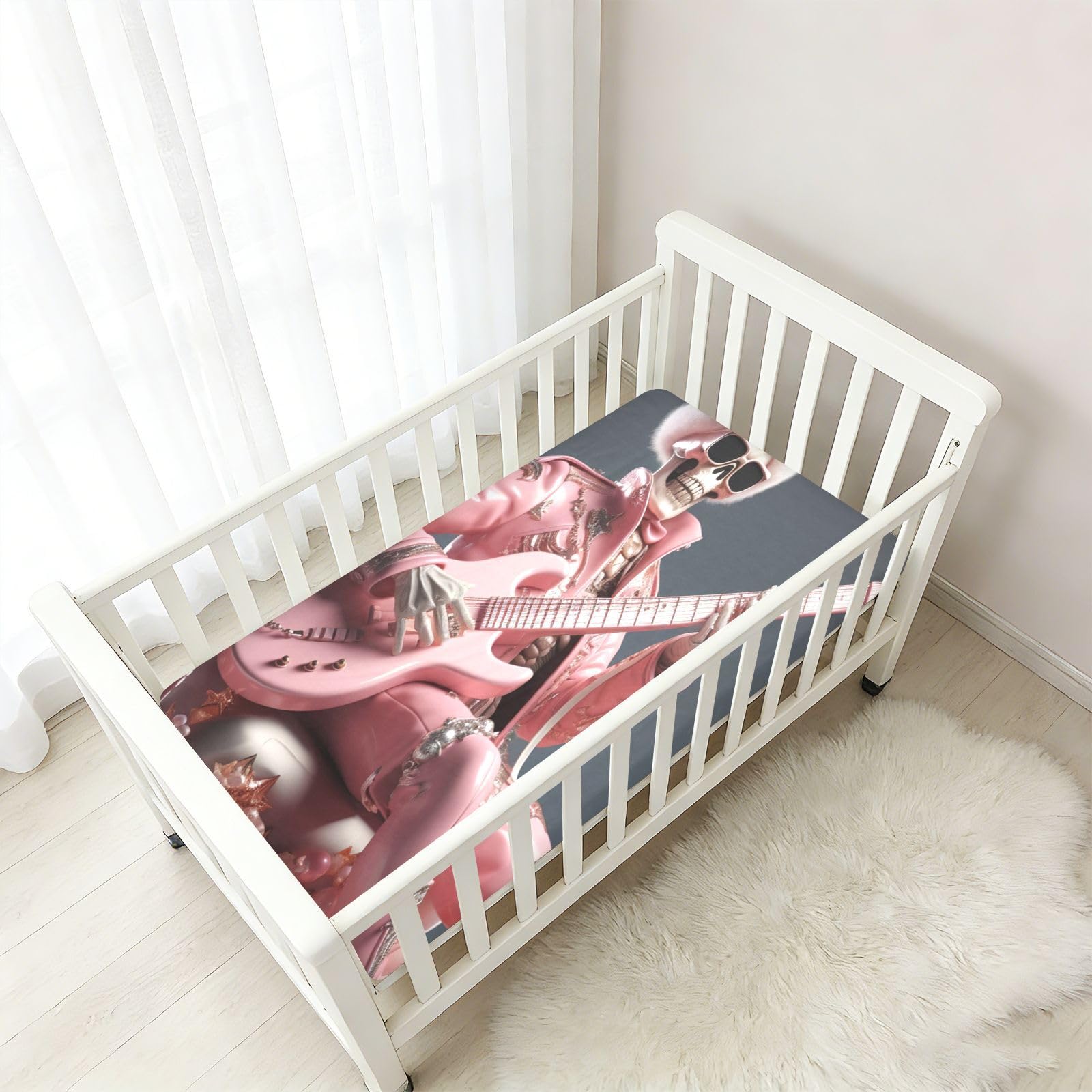 Guitare Crâne Rose Drap Housse pour Lit BéBé en Coton Doux,Adapté au Matelas Parc