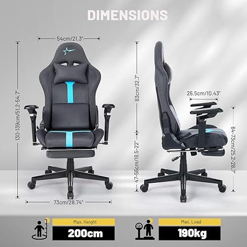 Miniatura 3 de Silla de juegos con reposabrazos ajustables 6D y reclinable de 155, tela de gamuza transpirable, silla de PC con reposapiés. (gris oscuro-azul)