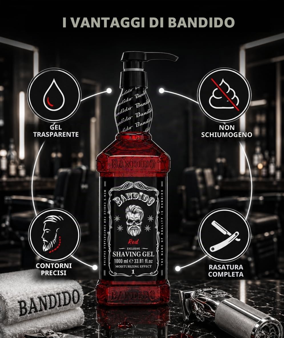 Bandido Shaving Gel Men Red & Blue 1000 ml Gel da barba trasparente da uomo, rasatura precisa dei contorni della barba con ogni rasoio da uomo (Red 1000 ml)