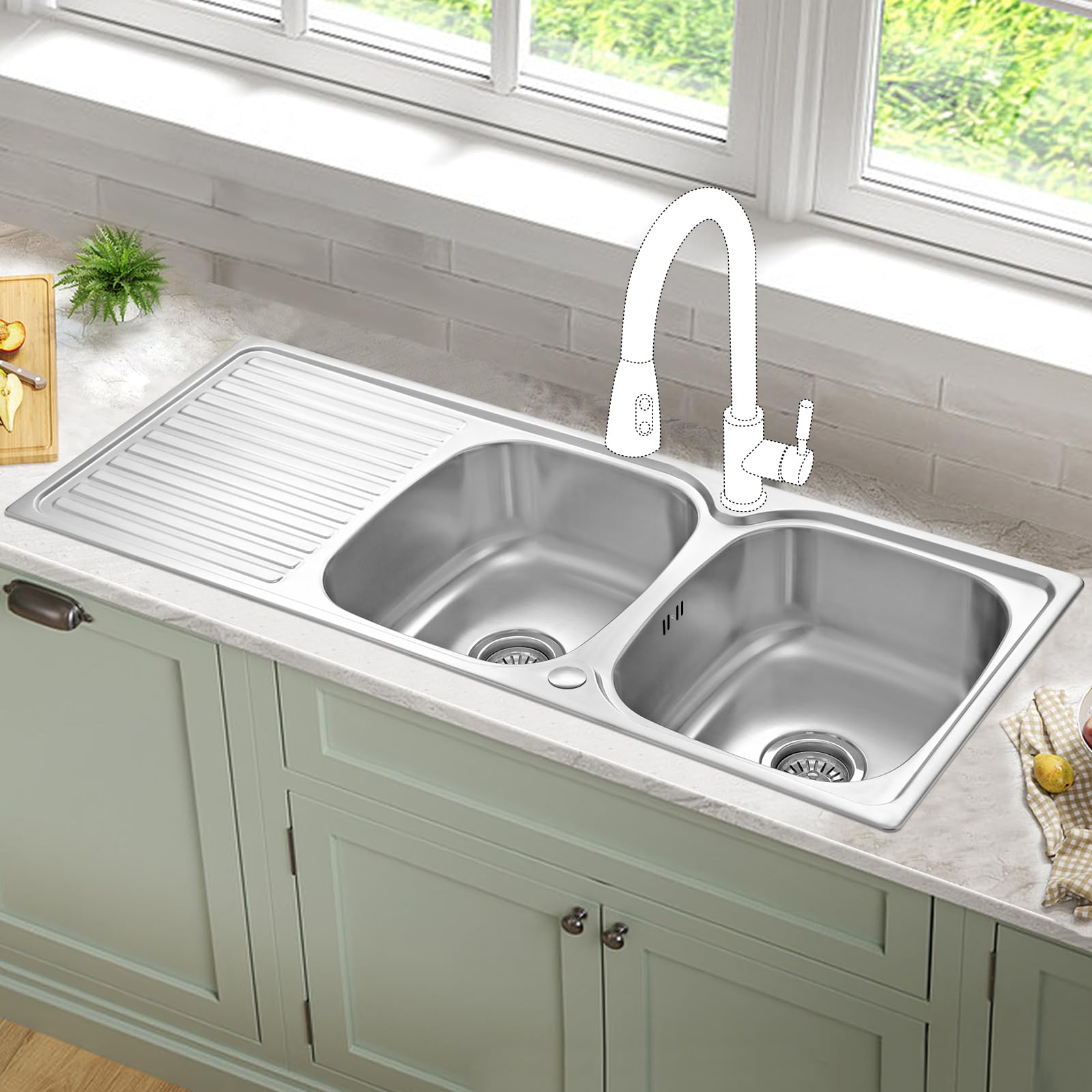 JASSFERRY Lavello da cucina 2 Vasca doppia in Acciaio Inox Spazzolato, scolapiatti reversibile Lavandino, con set di rifiuti