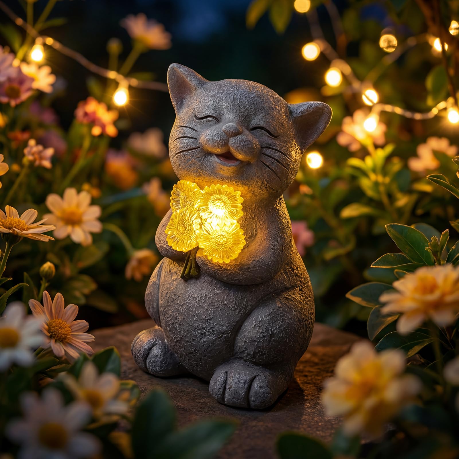Hoikwo Solar Cat Garden Ornaments Outdoor with LED Light, Waterproof Outside Cat Statue Holding Sunflowers Decor - Gifts for Women, Mum, Grandma, Cats Lover on Birthday, Christmas