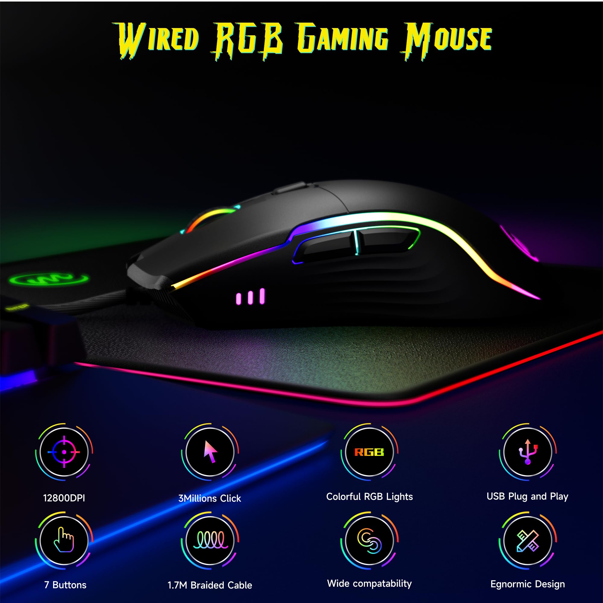 memzuoix Mouse Gaming con Cavo e Luci LED – 12.800 DPI Regolabili, 6 Pulsanti, 12 Modalità RGB, Rotella Ergonomica Antiscivolo – Compatibile con Windows/Mac