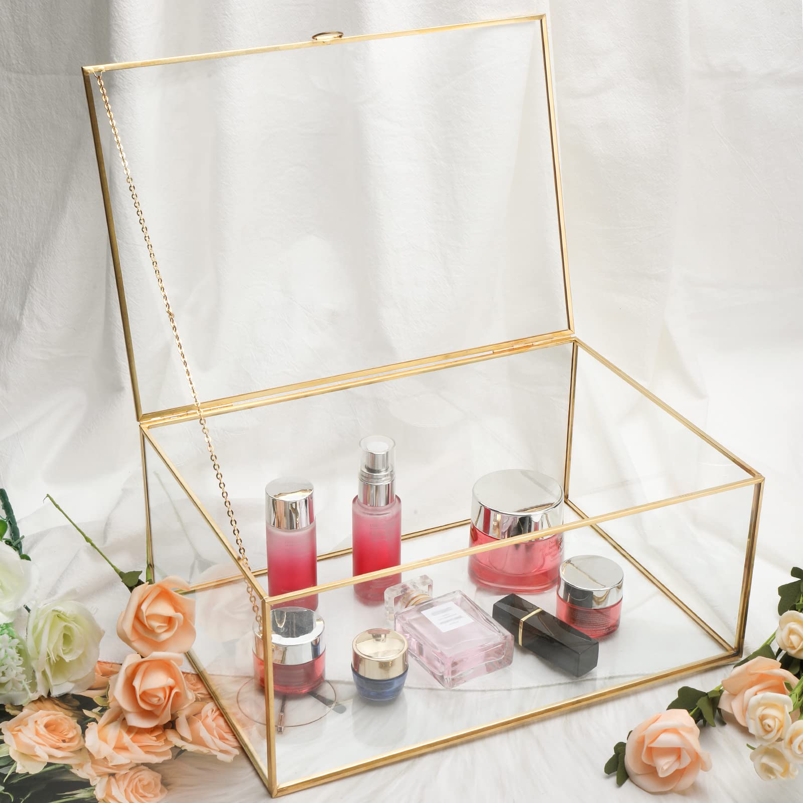 Homtone Golden Vintage szklane pudełko do terrarium, retro, szkatułka na biżuterię, przezroczyste szkło, organizer na wesele, przyjęcie urodzinowe, dekoracja, 33 x 23 x 14 cm