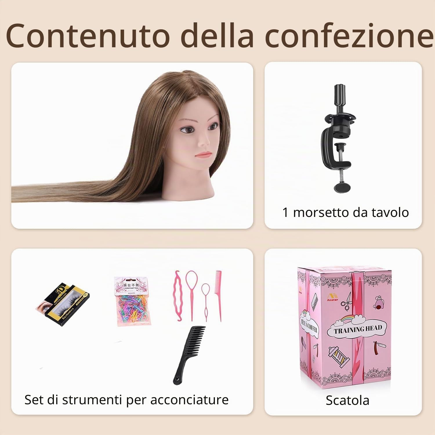 Testa per Parrucchieri 24" Capelli Sintetici Morbidi con Staffa Accessori