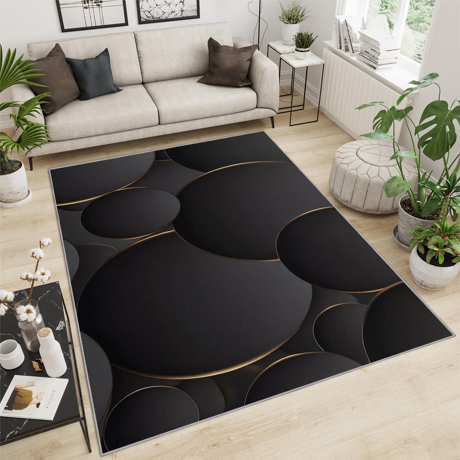 Tapis de sol 70 x 140 cm, motif géométrique noir nordique, lignes circulaires simples en relief doré pour salon, chambre à coucher, balcon, planchers en bois dur