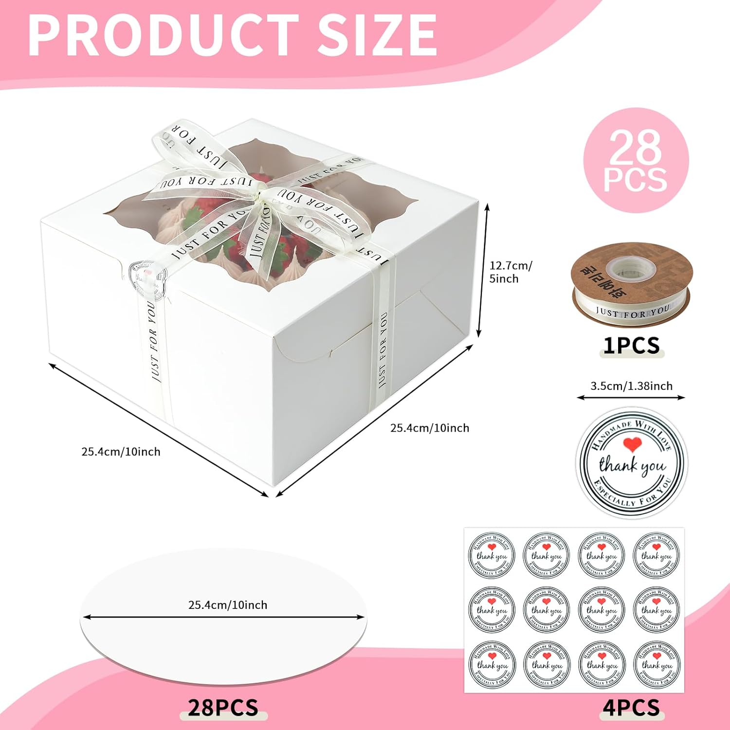 56 Pcs 10x10x5 Inches Cake Boxes with Window,28pcs White Boxes and 28pcs Boards, 10 Inch Cake Box, with Lids for Easter and Mother's Day Cheesecake, Cakes（10 * 10 * 5inch/56pcs